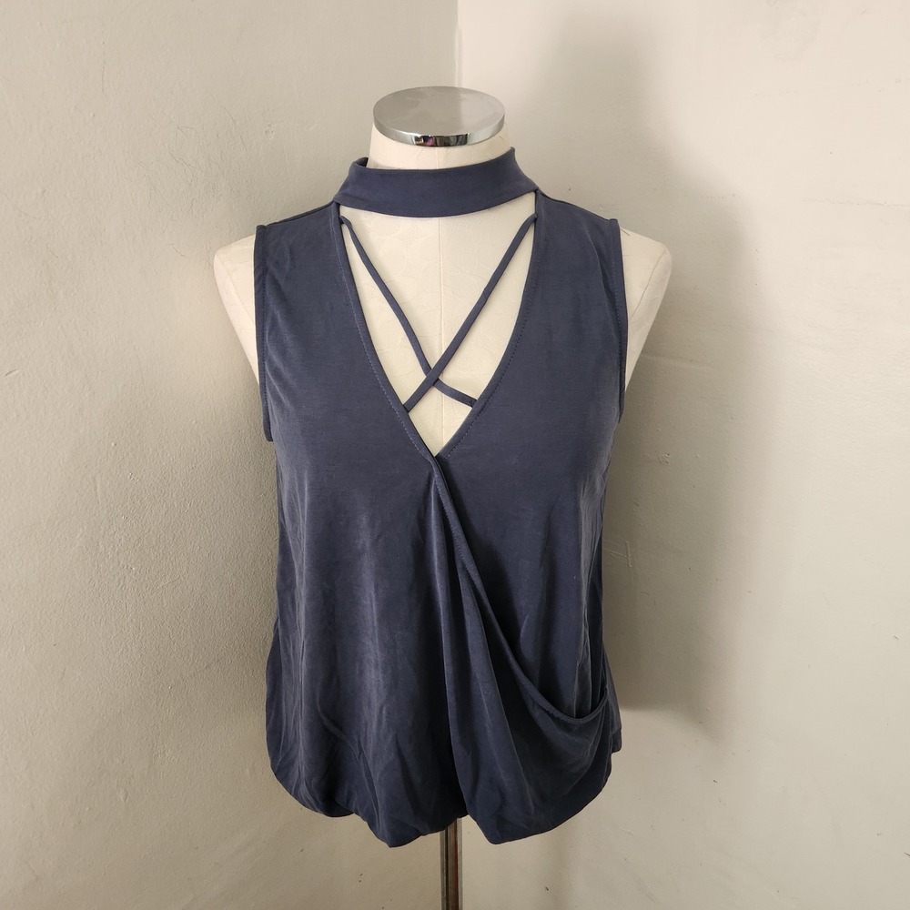 Moa Moa Womens Navy Blue Choker Neck Criss Cross Draped Wrap Top M